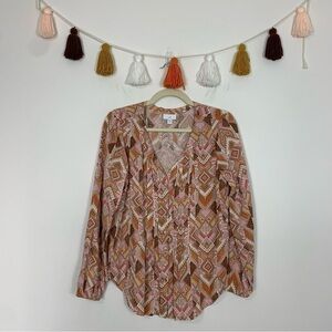 J. Jill Pleated Earthy Peach Tribal Print Blouse Size Petite Small
